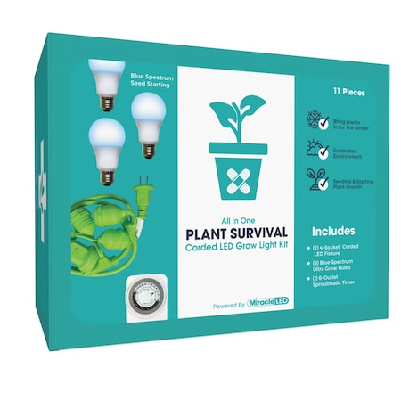 Miracle Led 4-Socket Plant Survival Grow Light Kit- Blue Spec. 12W Replace 150W Grow Bulbs w/ Timer, 2PK 802348